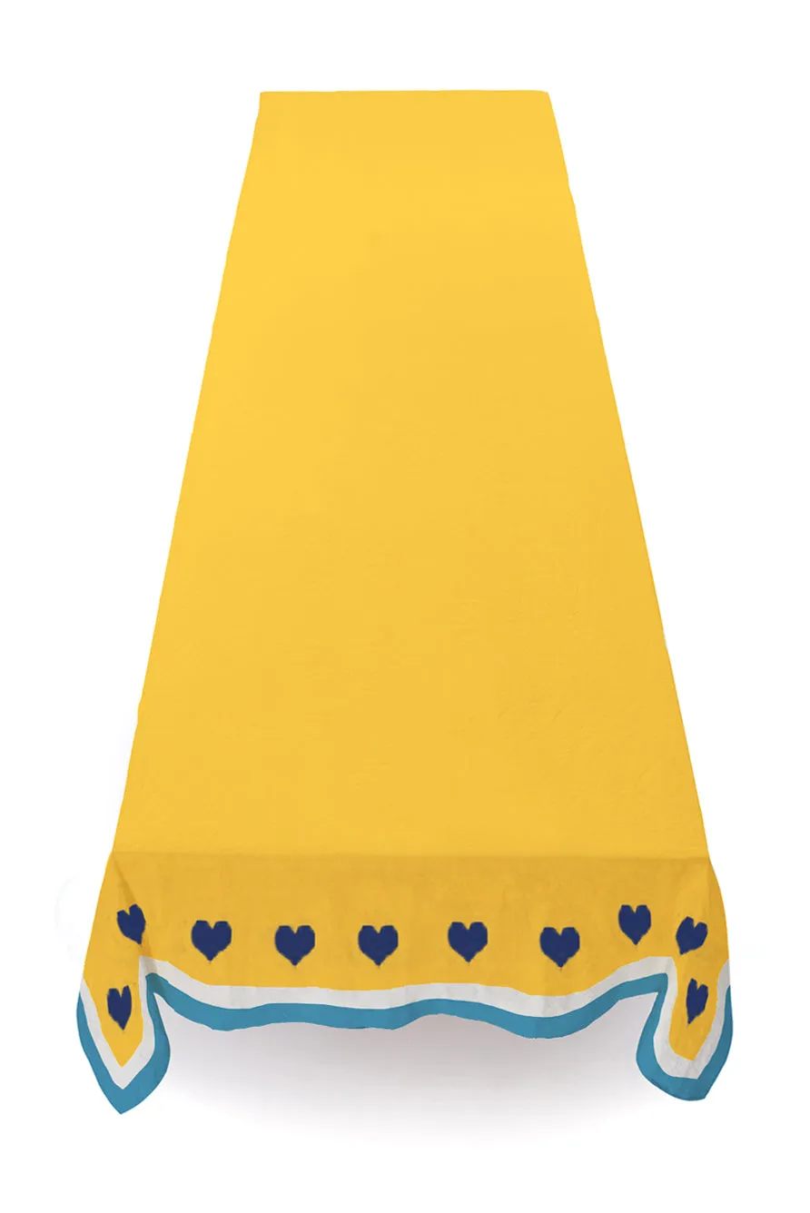 Summerill & Bishop x Lisou Heart Linen Tablecloth in Light Blue and Yellow