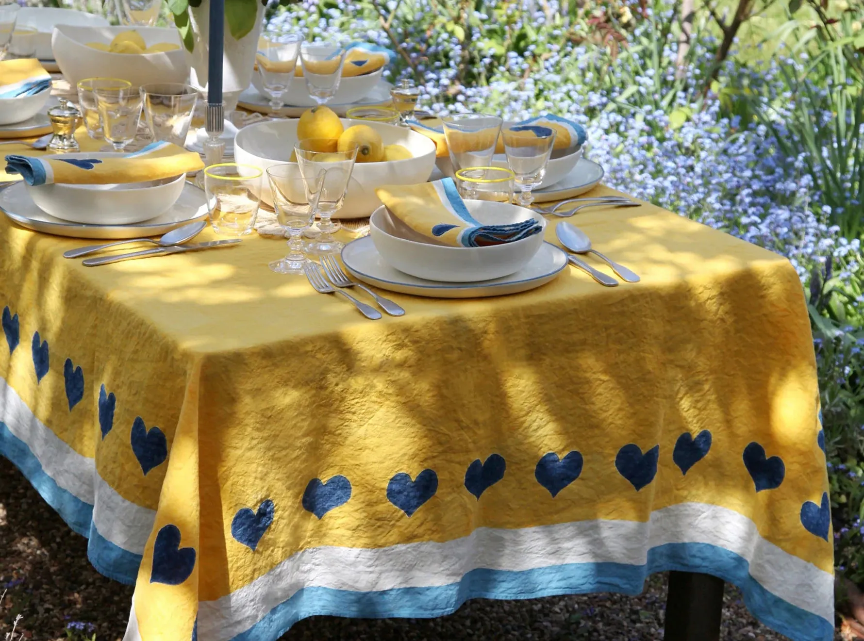 Summerill & Bishop x Lisou Heart Linen Tablecloth in Light Blue and Yellow