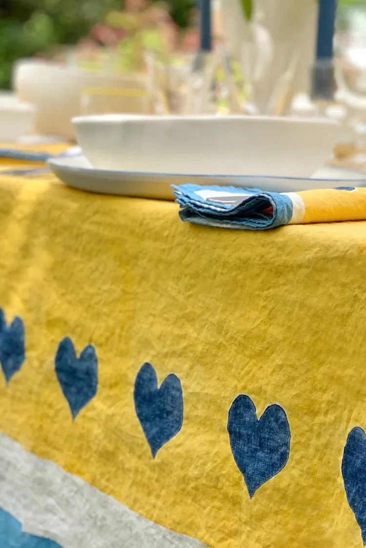 Summerill & Bishop x Lisou Heart Linen Tablecloth in Light Blue and Yellow