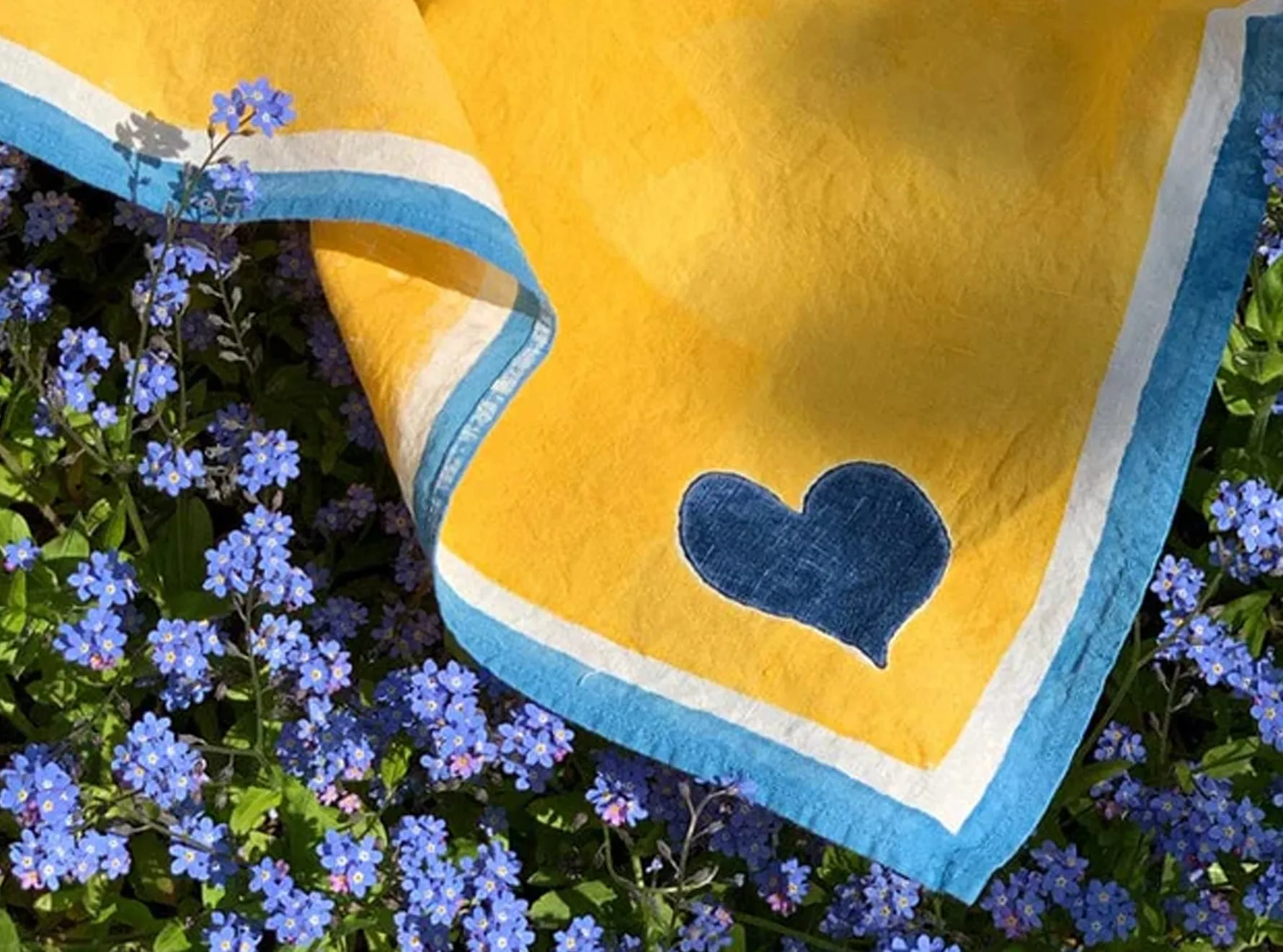 Summerill & Bishop x Lisou Heart Linen Tablecloth in Light Blue and Yellow