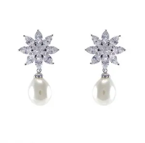 Sunburst Floral Pearl and Crystal Dangle Earring