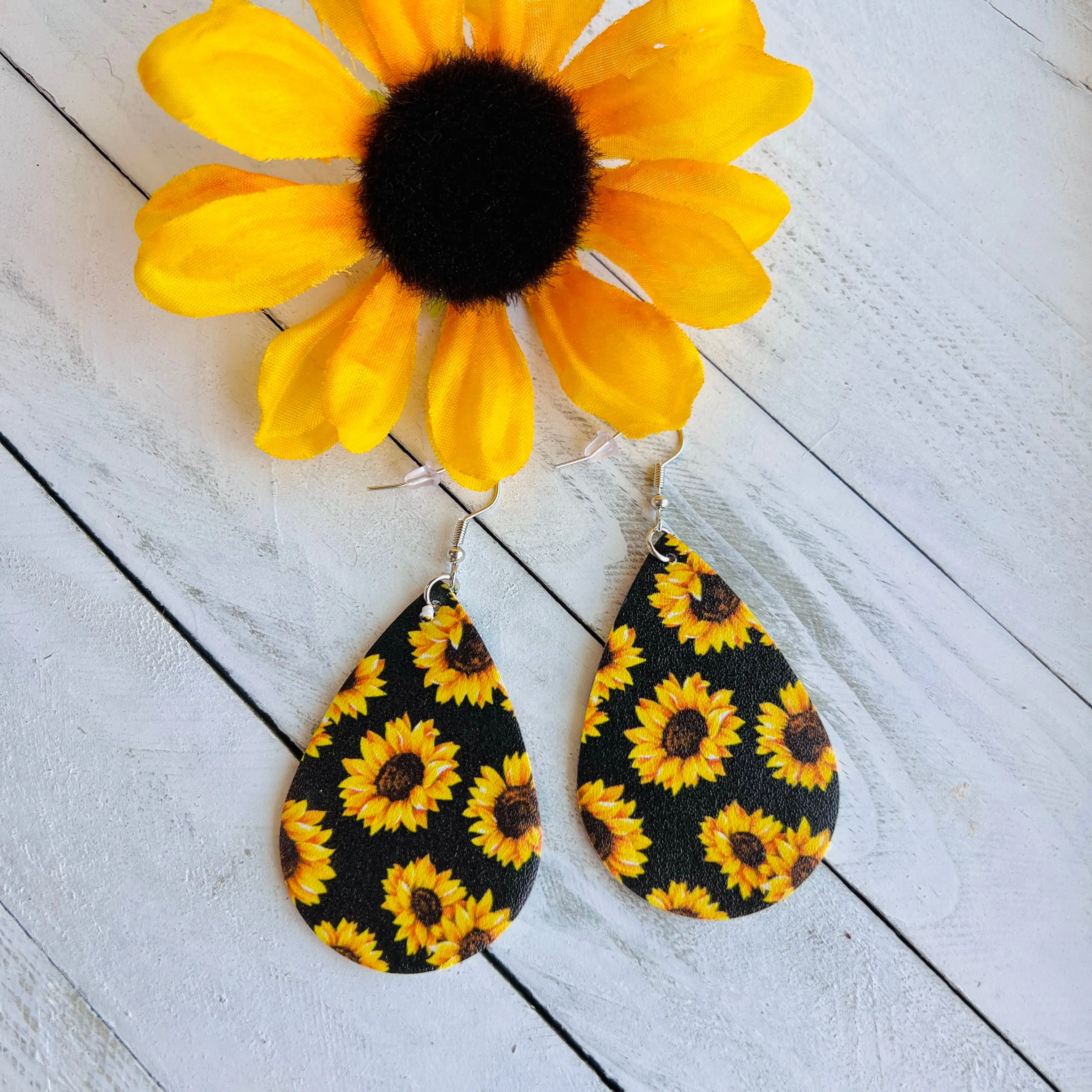 Sunflower Black Background Faux Leather Teardrop Ear Bling Two Styles Available