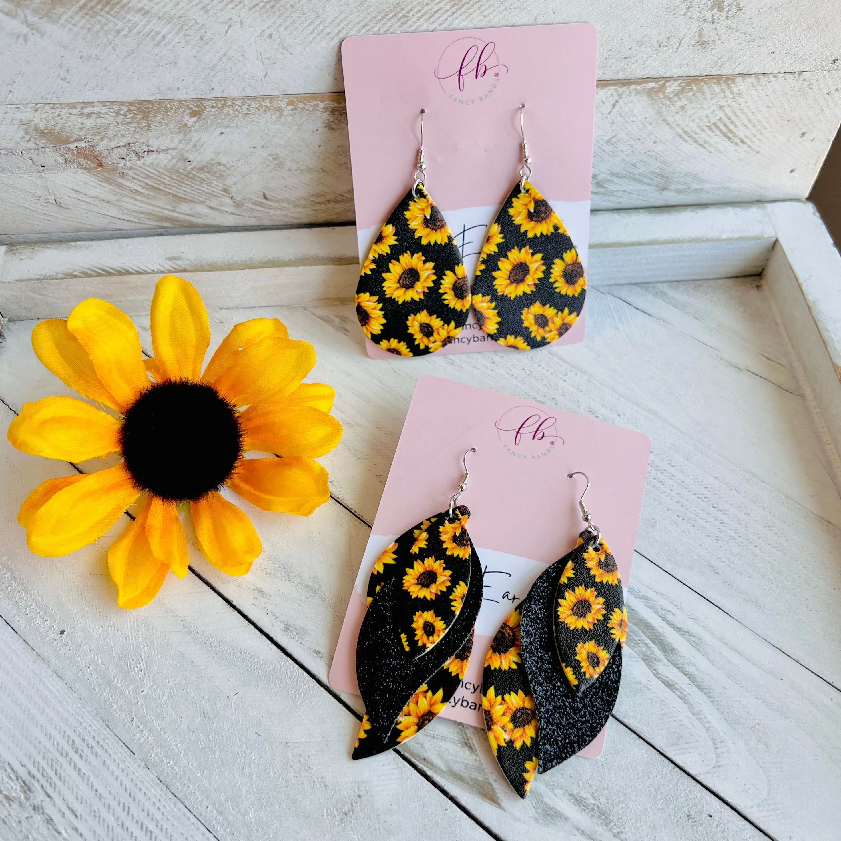 Sunflower Black Background Faux Leather Teardrop Ear Bling Two Styles Available