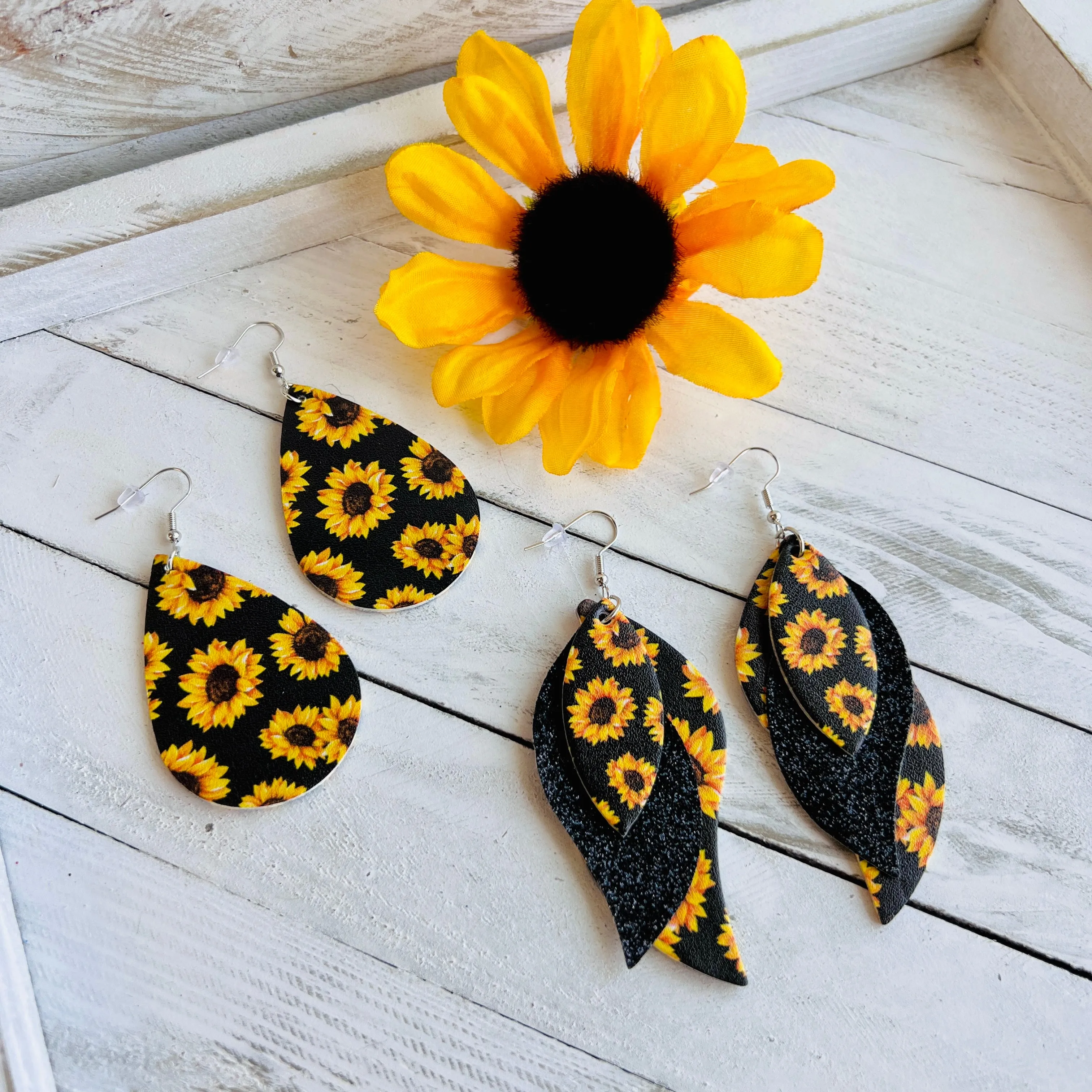 Sunflower Black Background Faux Leather Teardrop Ear Bling Two Styles Available