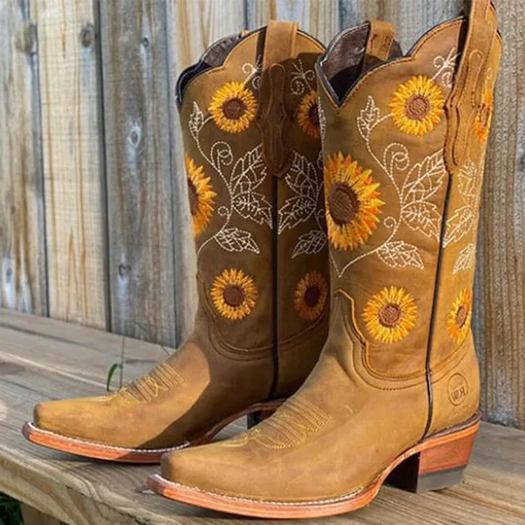 Sunflowers Embroidery Cowgirl Cowboy Boots