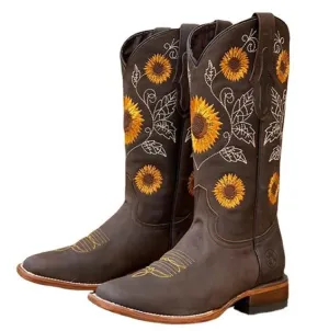 Sunflowers Embroidery Cowgirl Cowboy Boots