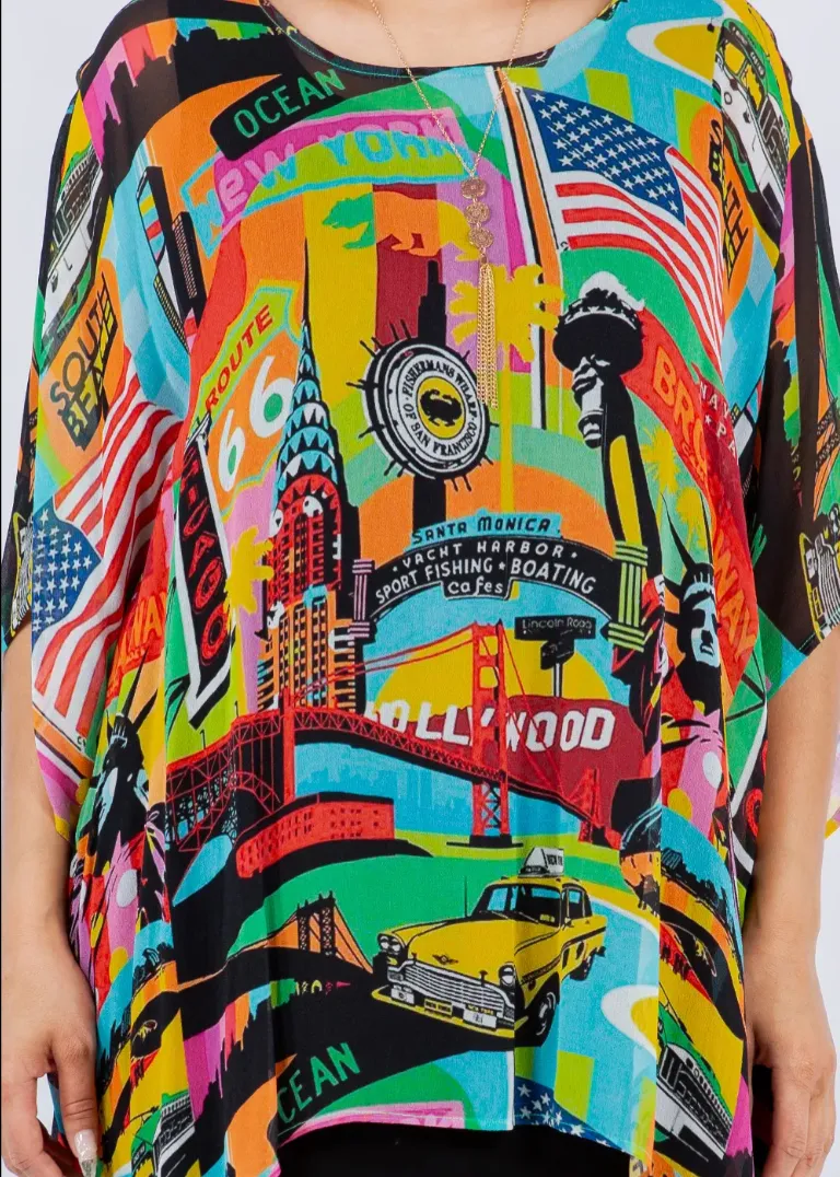 Sunheart Hollywood Send Me a Postcard  Oversize Tunic Top Lagenlook Boho Hippie Chic SML-6X 