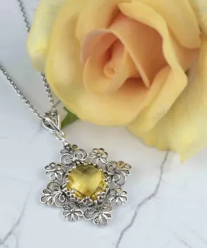 Sunlit Daisy Filigree Art Citrine Gemstone Silver Pendant Necklace - A Touch of Sunshine