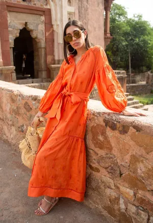 Sunshine Babe Embroidered Ramie Full Sleeve Long Shirtdress Living Coral