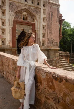 Sunshine Babe Embroidered Ramie Full Sleeve Long Shirtdress Simply White