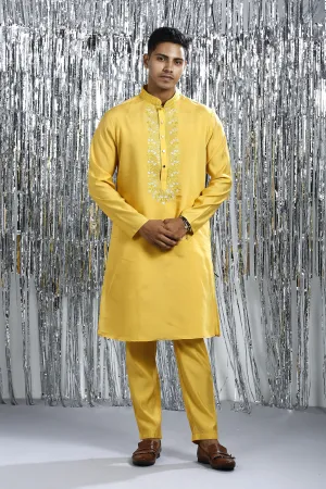 SUNSTRUCK YELLOW KURTA SET WITH INTRICATE EMBROIDERY AROUND NECKLINE