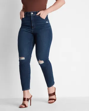 Super High Waisted Dark Wash Ripped Curvy Slim Jeans in Dark Wash