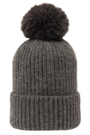 Super Soft Chunky Cashmere Hat with Pom Pom in Dark Grey