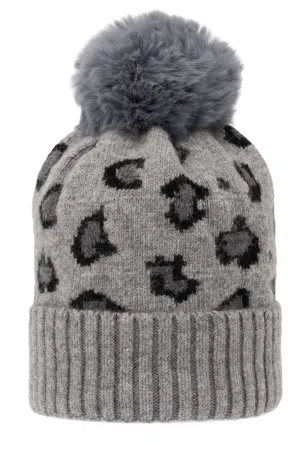 Super Soft Chunky Cashmere Hat with Pom Pom in Grey Leopard