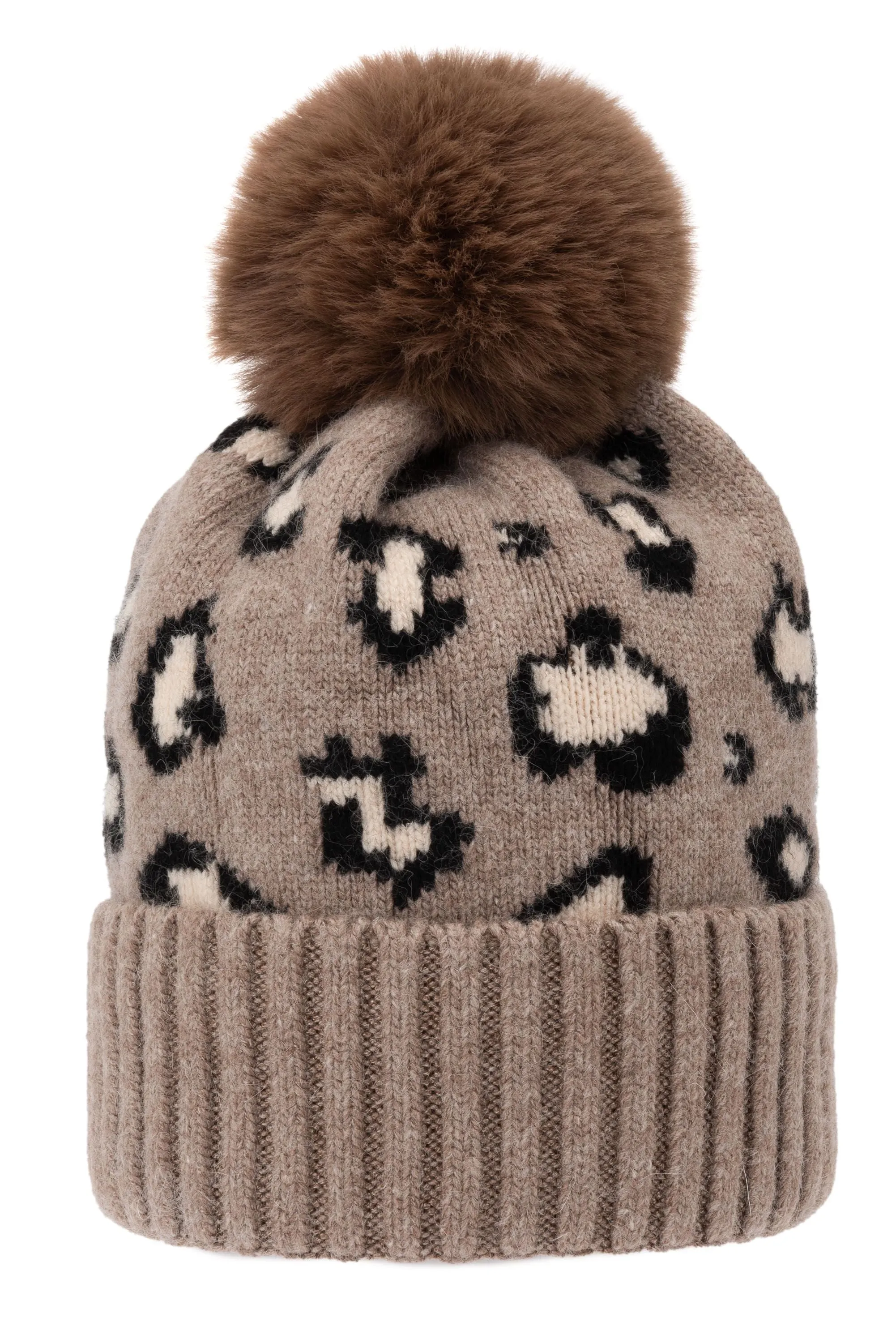 Super Soft Chunky Cashmere Hat with Pom Pom in Taupe Leopard