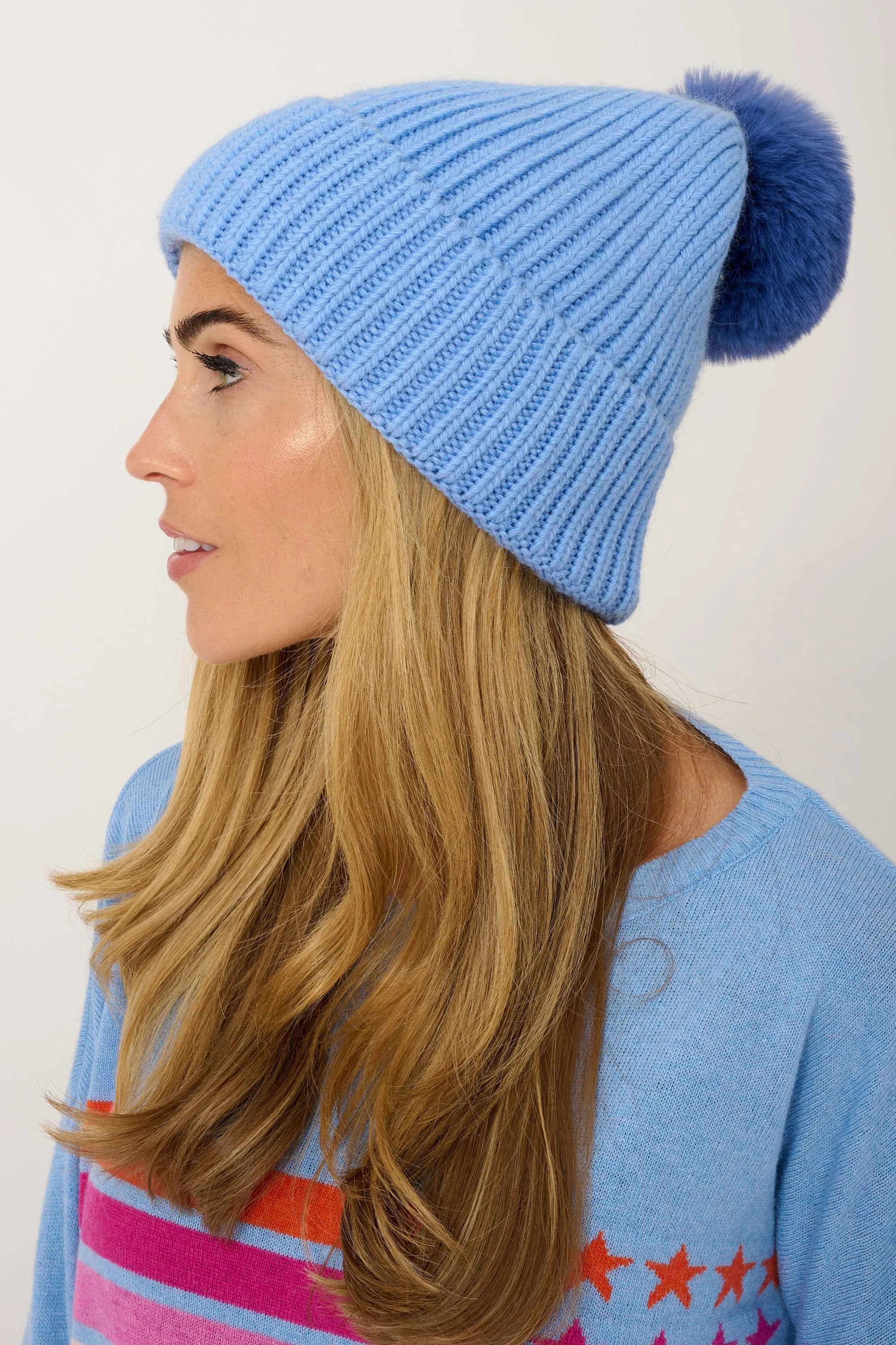 Super Soft Chunky Cashmere Mix Hat with Pom Pom in Blue