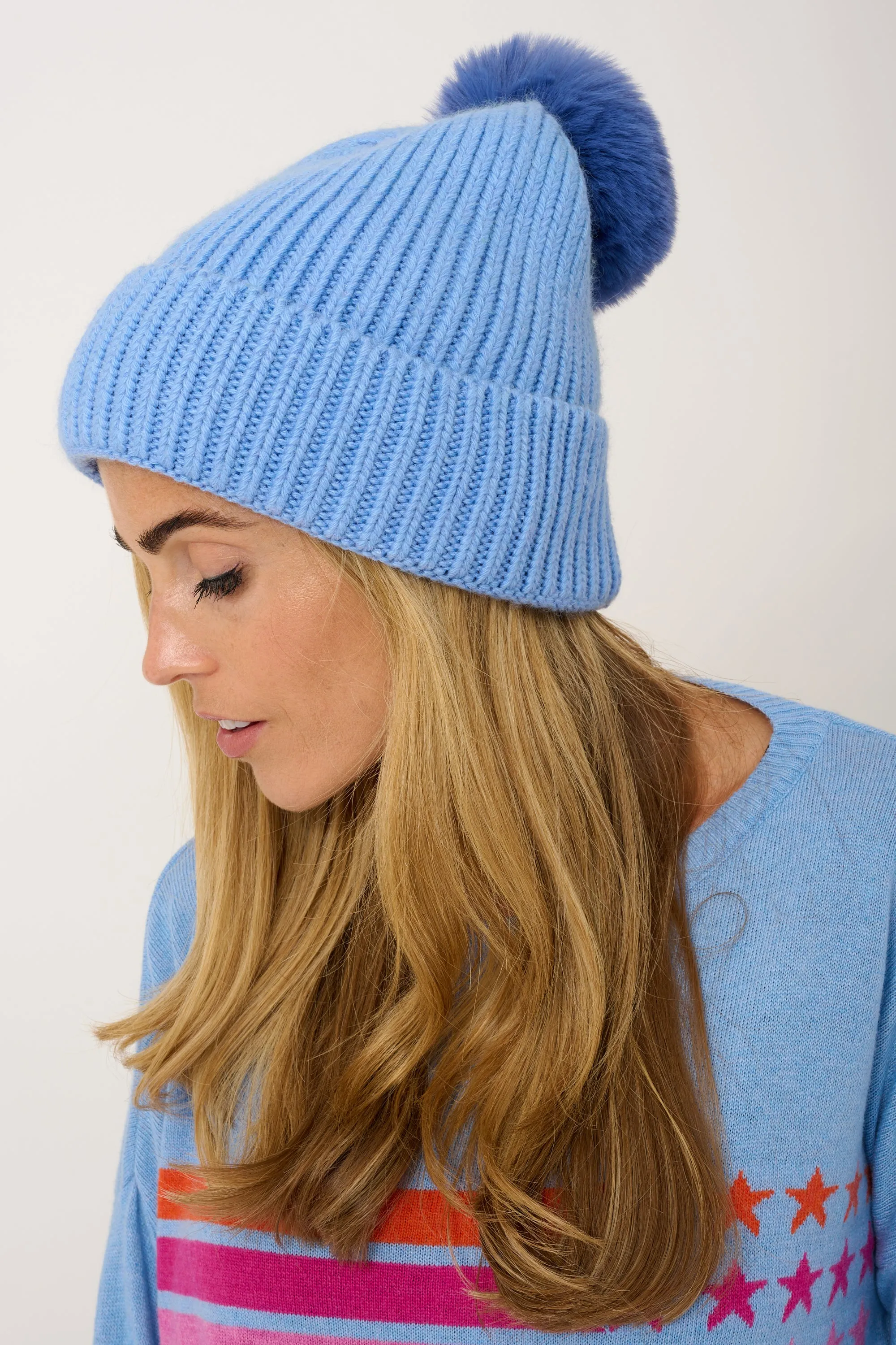 Super Soft Chunky Cashmere Mix Hat with Pom Pom in Blue