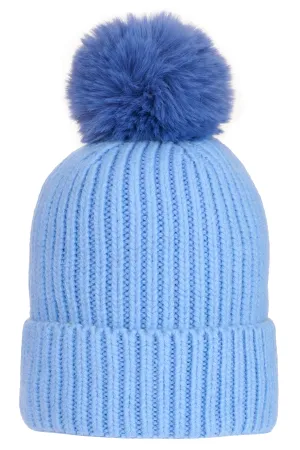 Super Soft Chunky Cashmere Mix Hat with Pom Pom in Blue