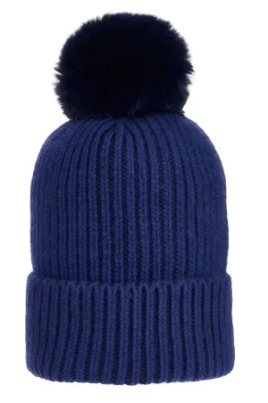 Super Soft Chunky Cashmere Mix Hat with Pom Pom in Navy