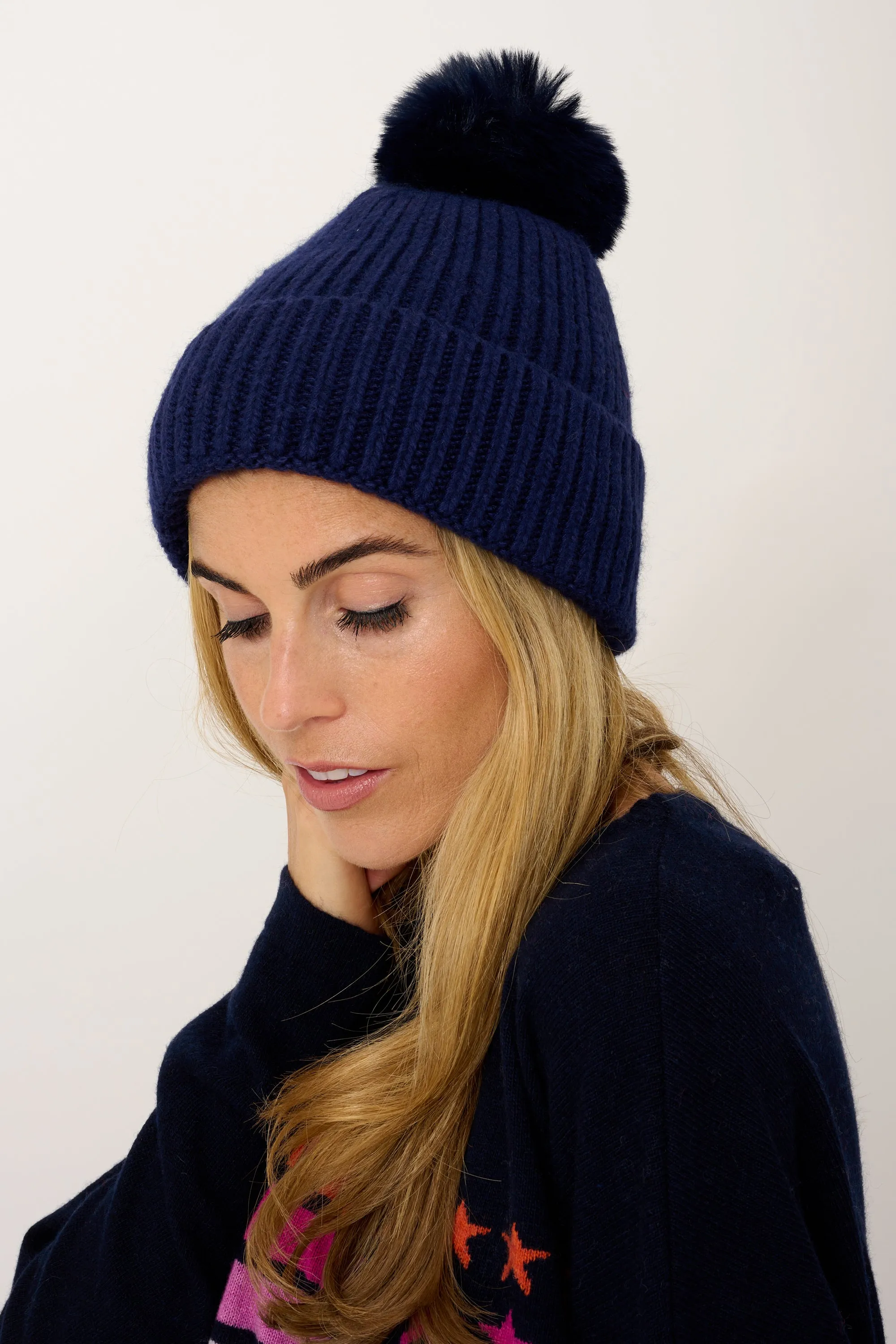 Super Soft Chunky Cashmere Mix Hat with Pom Pom in Navy