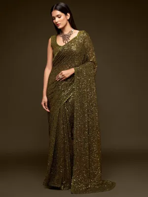 Superb Olive Green Sequined Georgette Party Wear Saree