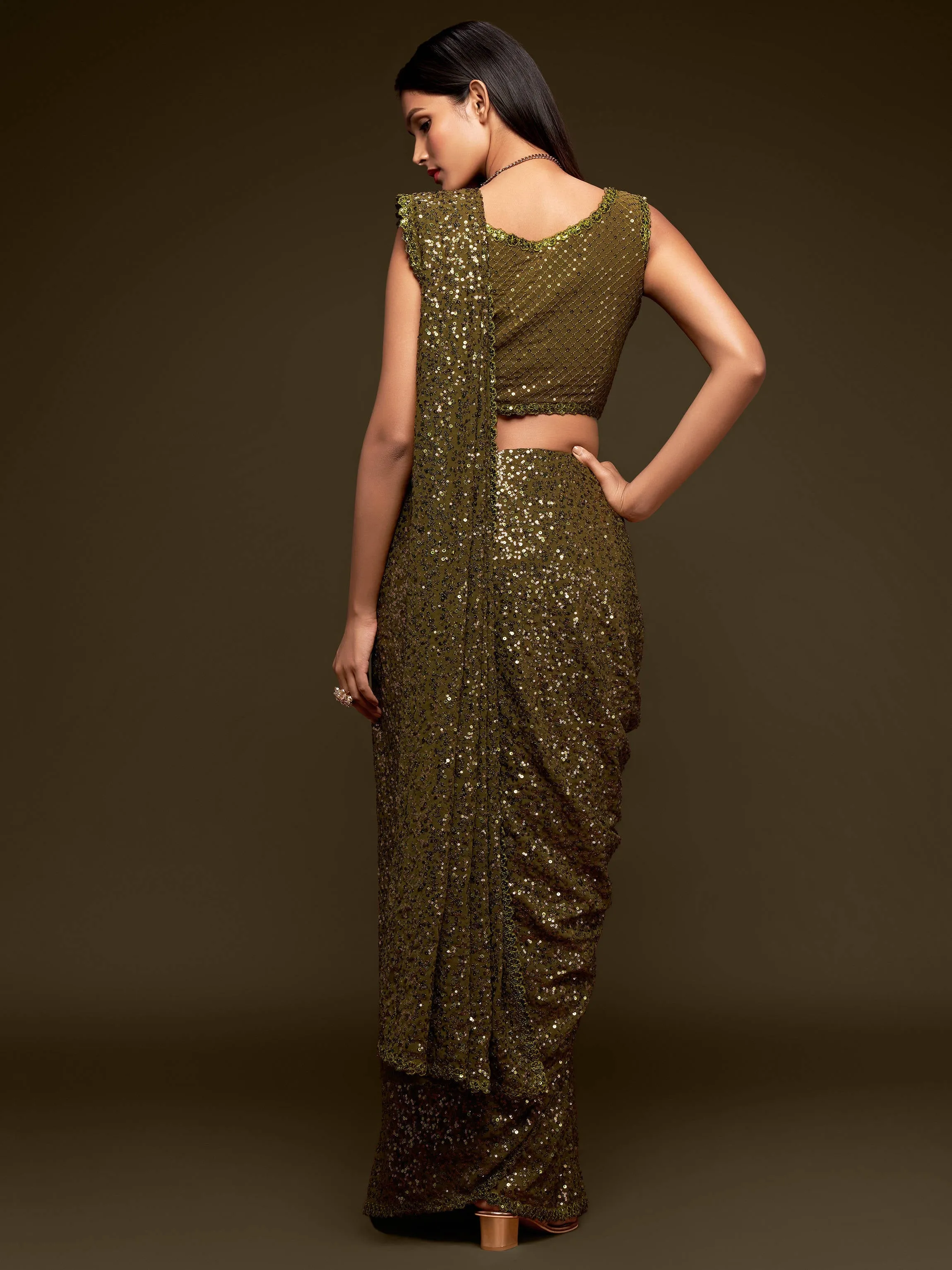 Superb Olive Green Sequined Georgette Party Wear Saree