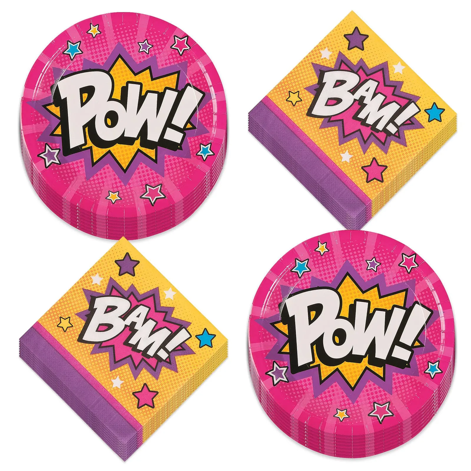 Superhero Girl Pink Comic Hero Paper Dinner Plates and Beverage Napkins (Serves 16)