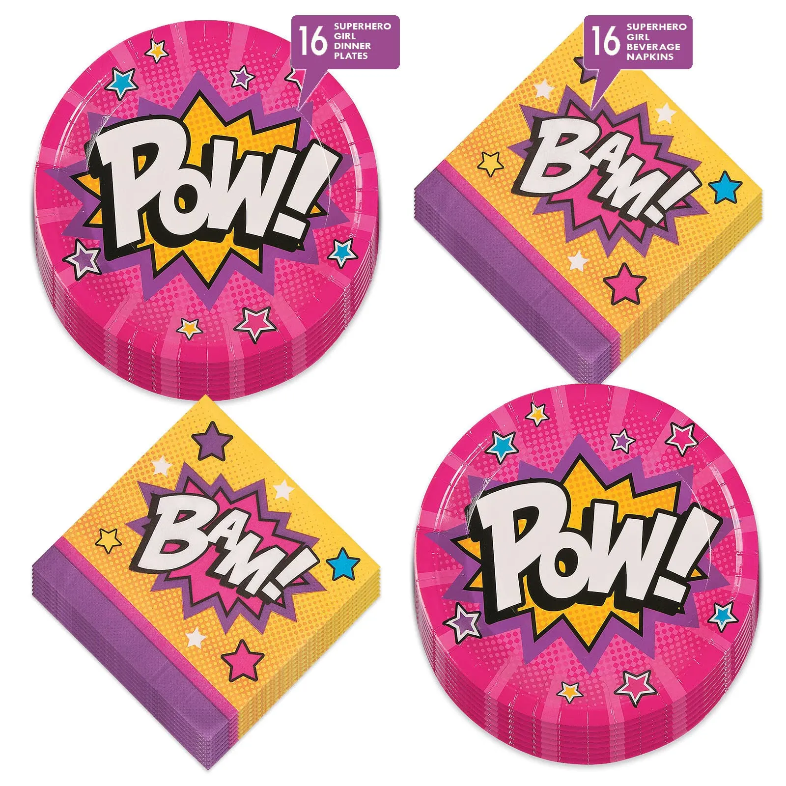 Superhero Girl Pink Comic Hero Paper Dinner Plates and Beverage Napkins (Serves 16)