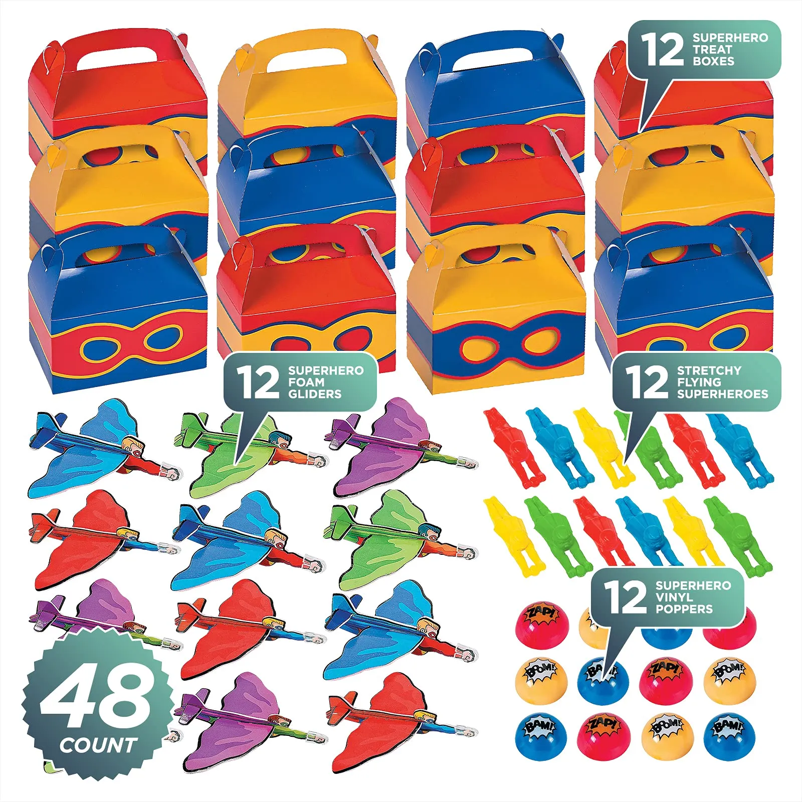 Superhero Party Favor Assortment - Treat Boxes, Gliders, Poppers, and Strechy Flying Superheros for 12 Guests