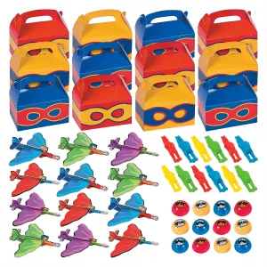 Superhero Party Favor Assortment - Treat Boxes, Gliders, Poppers, and Strechy Flying Superheros for 12 Guests