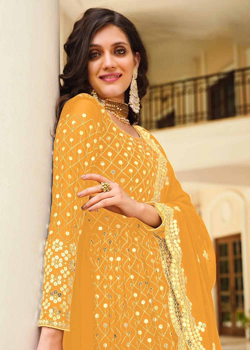 Supreme Yellow Sequins Wedding Pant Style Anarkali