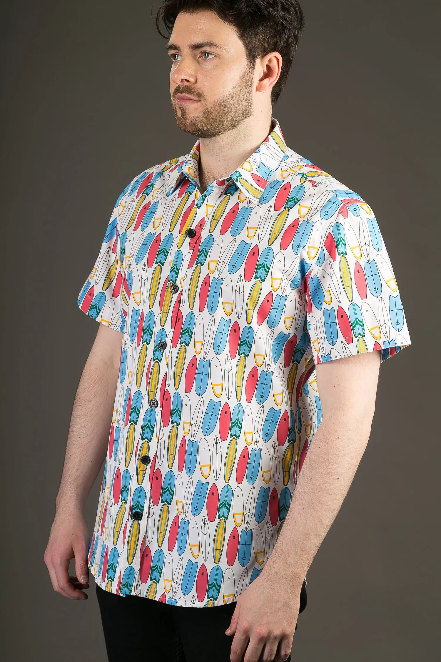 Surfboards Multi Colour Print Cotton Slim Fit Mens Shirt Short Sleeve