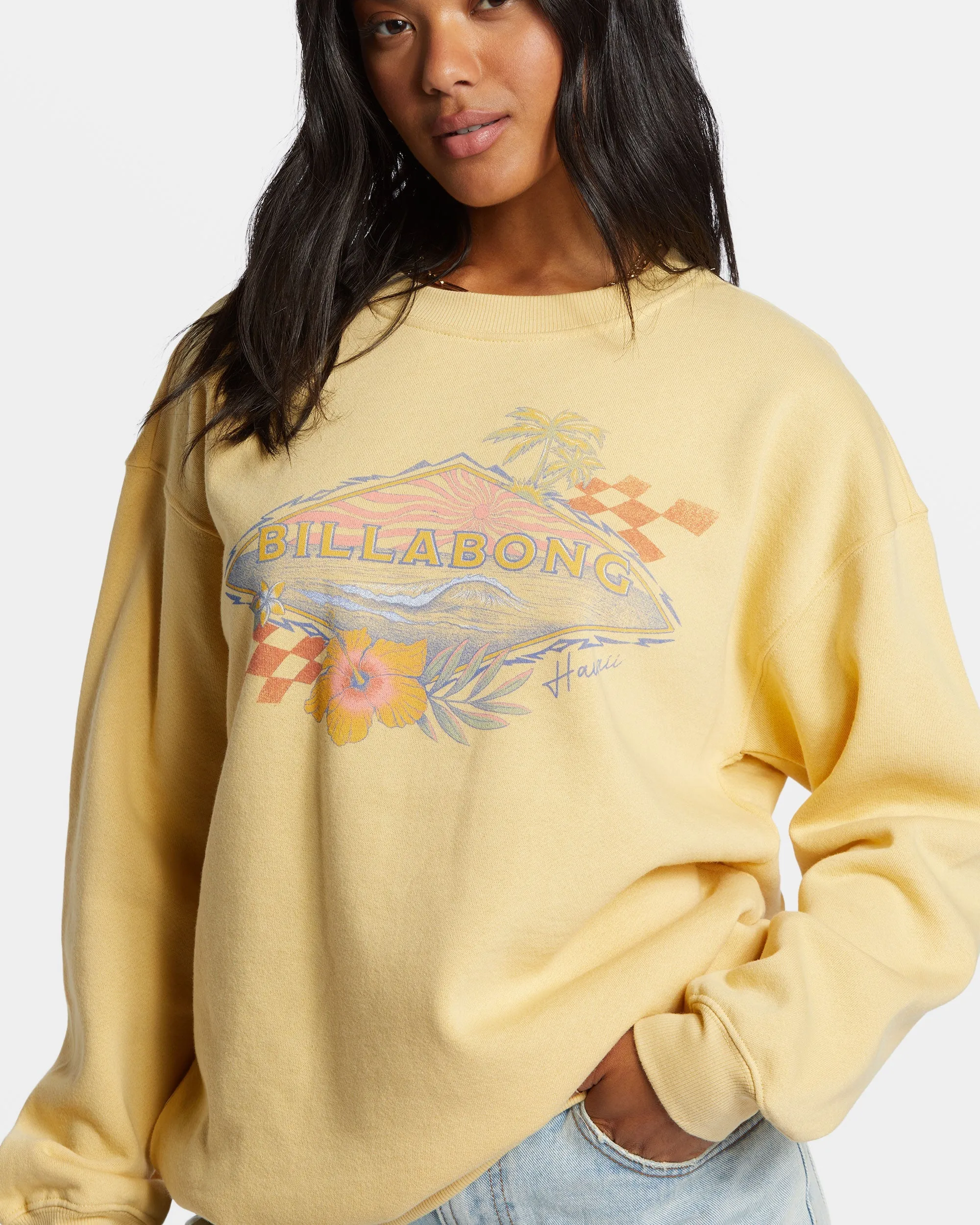 Surfing Together Crewneck Sweatshirt - Pale Yellow