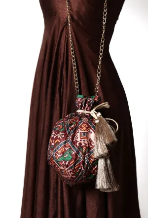 Surilee Maroon & Multi Silk Patola Print Potli With Tassels