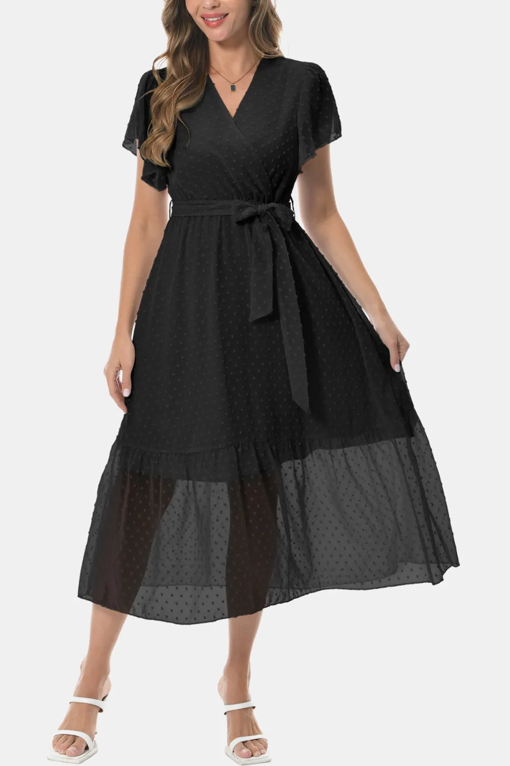 Surplice Neck Flutter Sleeve Tied Dress