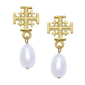 Susan Shaw Dainty Cross Drop Pearl Earrings