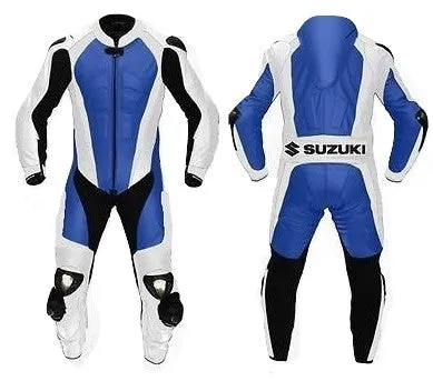 SUZUKI MEN BLUE/WHITE MOTORCYCLE LEATHER RACING SUIT