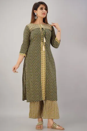 SVARCHI Women's Cotton Cambric Buti Printed Straight Kurta & Palazzo Set (Green)