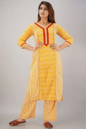 SVARCHI Women's Cotton Cambric Buti Printed Straight Kurta & Palazzo Set (Yellow)