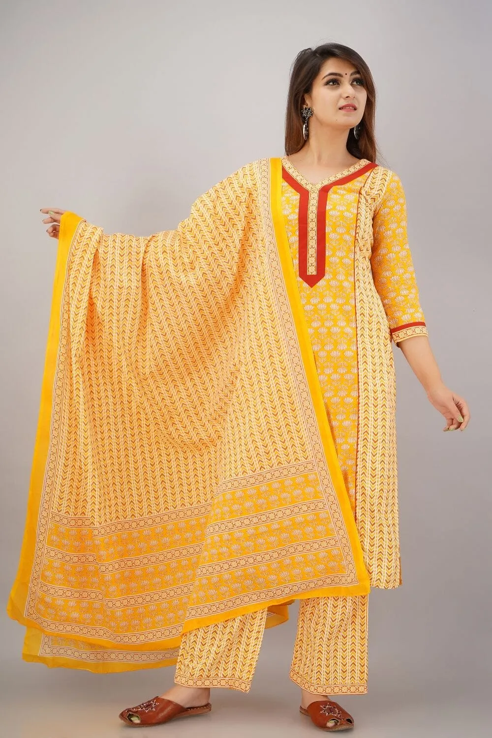 SVARCHI Women's Cotton Cambric Buti Printed Straight Kurta Palazzo & Dupatta Set (Yellow)