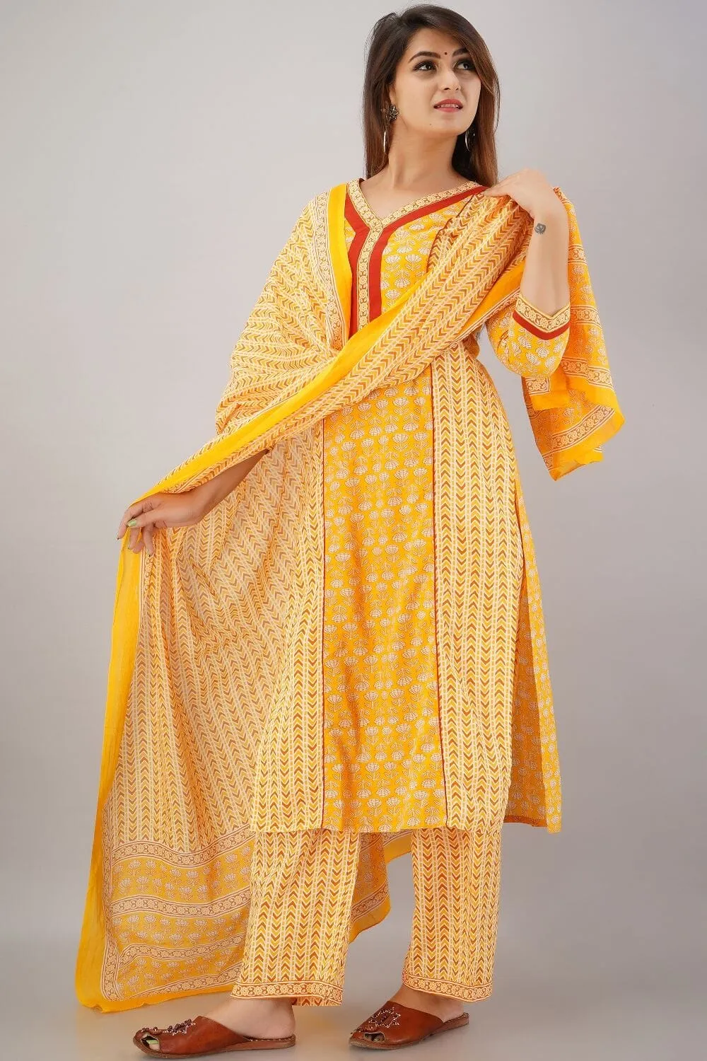 SVARCHI Women's Cotton Cambric Buti Printed Straight Kurta Palazzo & Dupatta Set (Yellow)