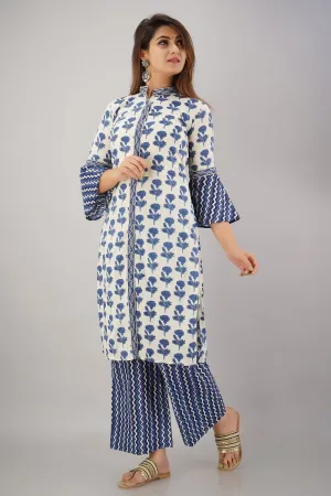 SVARCHI Women's Cotton Cambric Floral Printed Straight Kurta & Palazzo Set (White & Blue)