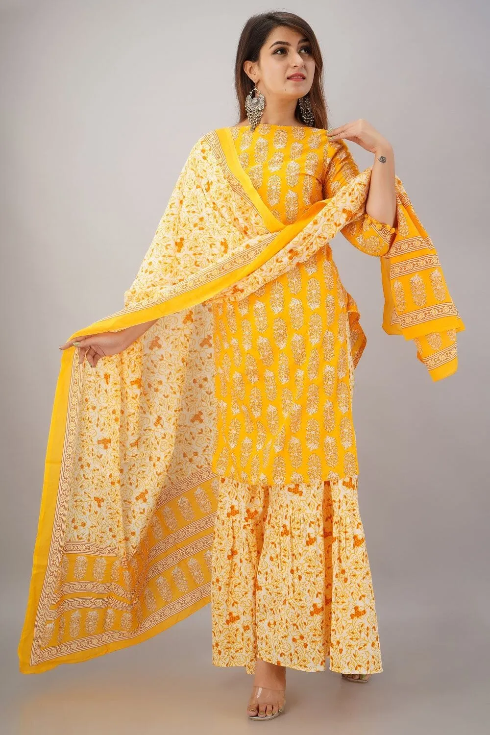 SVARCHI Women's Cotton Cambric Floral Printed Straight Kurta Sharara & Dupatta Set (Yellow)