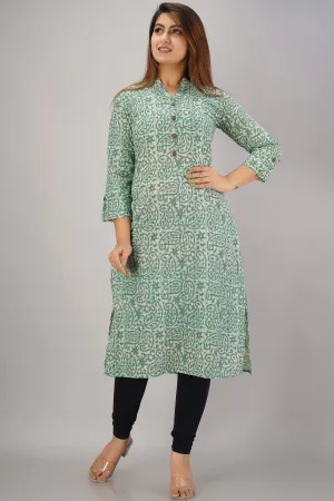 SVARCHI Women's Cotton Cambric Geometric Printed Straight Kurta (Green)