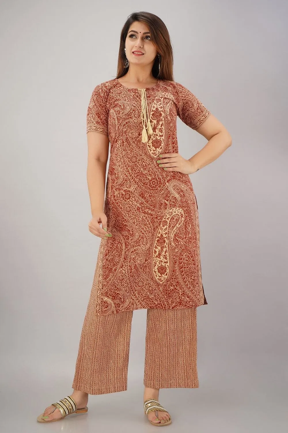 SVARCHI Women's Cotton Cambric Paisley Printed Straight Kurta & Palazzo Set (Beige & Rust)