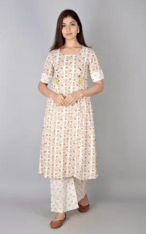 SVARCHI Women's Cotton Cambric Printed Anarkali Kurta & Palazzo Set (White & Brown)