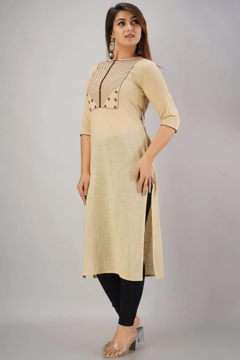 SVARCHI Women's Cotton Slub Embroidered Straight Kurta (Beige)