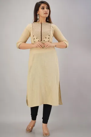 SVARCHI Women's Cotton Slub Embroidered Straight Kurta (Beige)