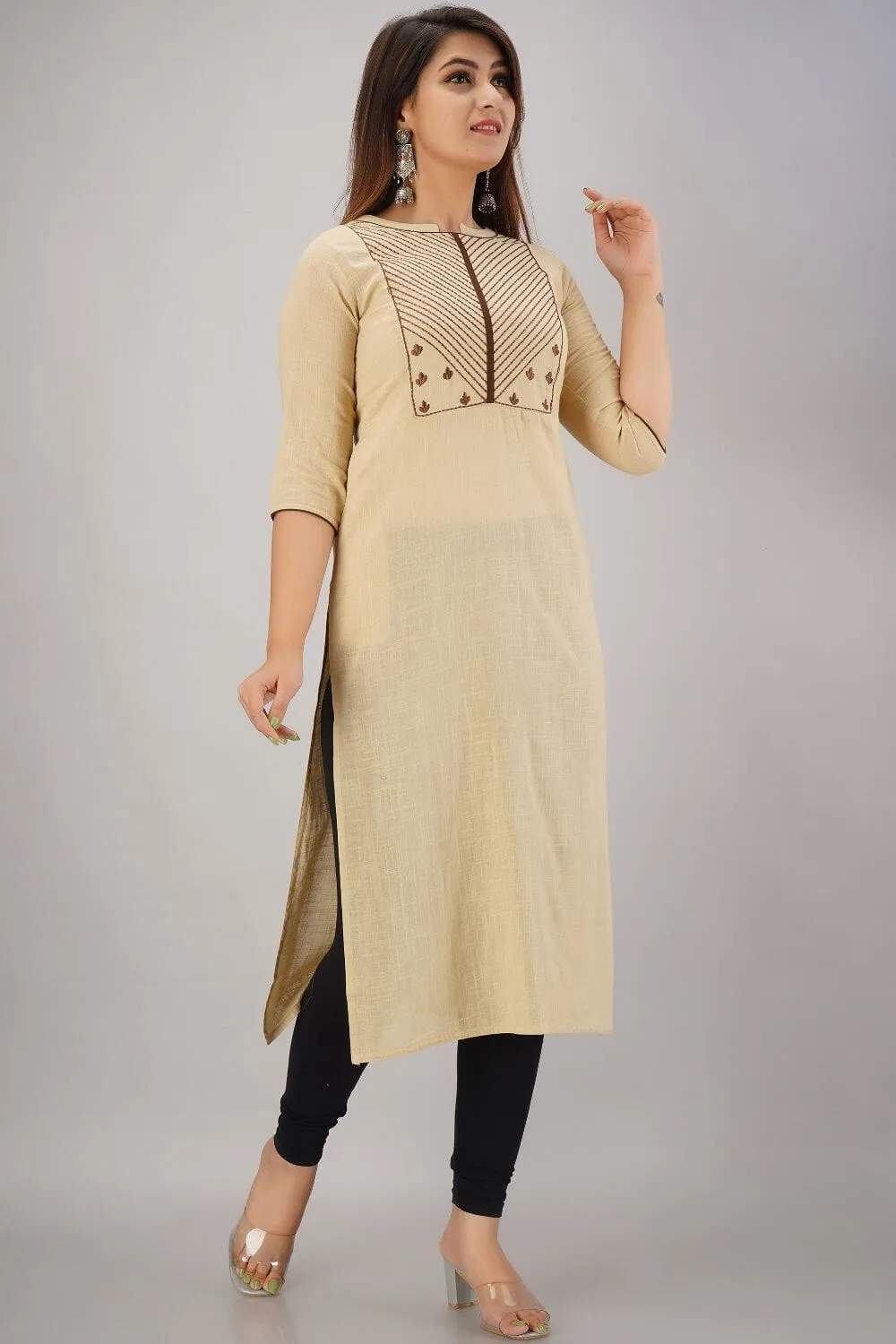 SVARCHI Women's Cotton Slub Embroidered Straight Kurta (Beige)