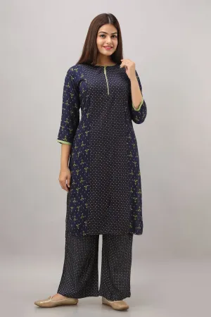 SVARCHI Women's Rayon Geometric Printed Straight Kurta (Dark Blue)